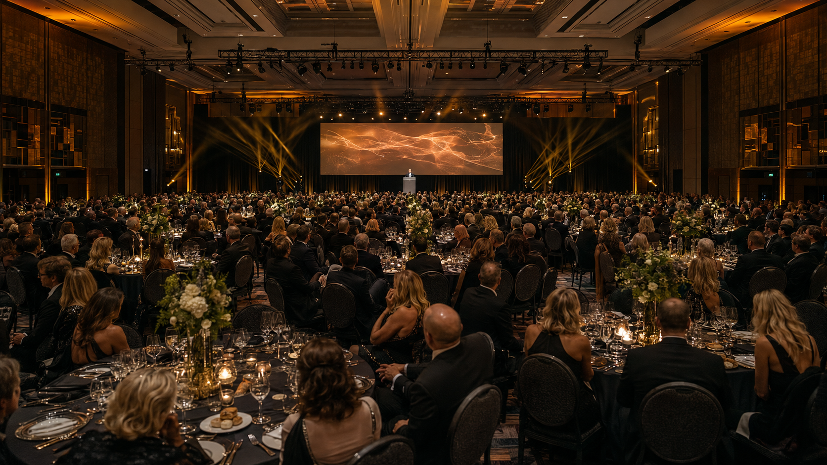 Vista mega wide de una cena de gala en un centro de convenciones con mesas redondas, arreglos altos, tarima y luces