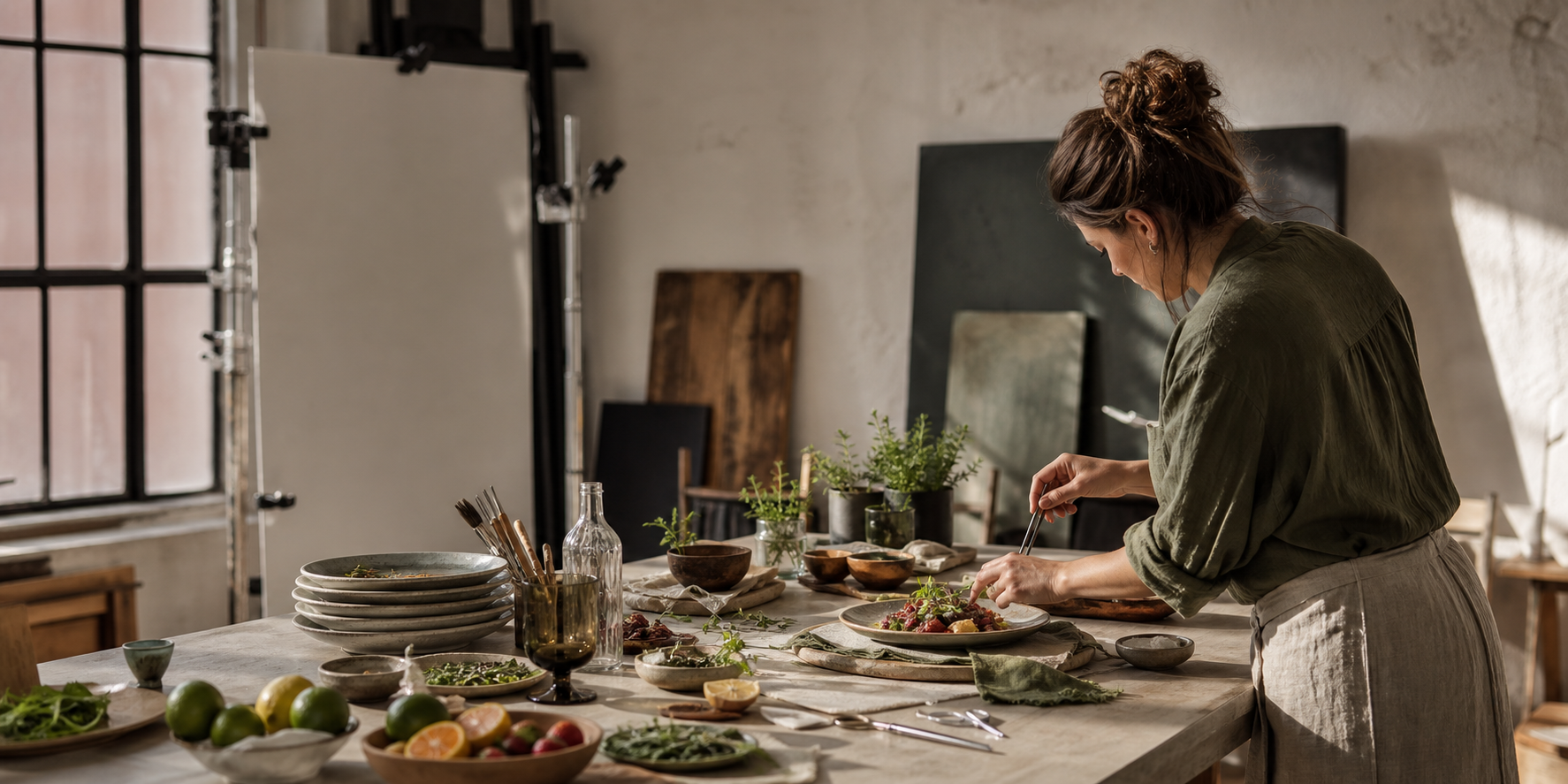 Food stylist preparando un plato en una mesa de estudio llena de props y herramientas de styling